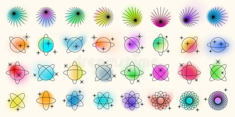 Y2K gradient star and planet icon set with glow, blur, and mesh effects. Includes pastel, retro, and brutalist elements. Perfect vector illustration