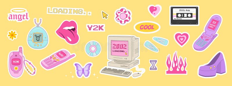 Y2k Icons Set. Vintage Old Phone, Computer, Flame, Stickers. 2000s ...