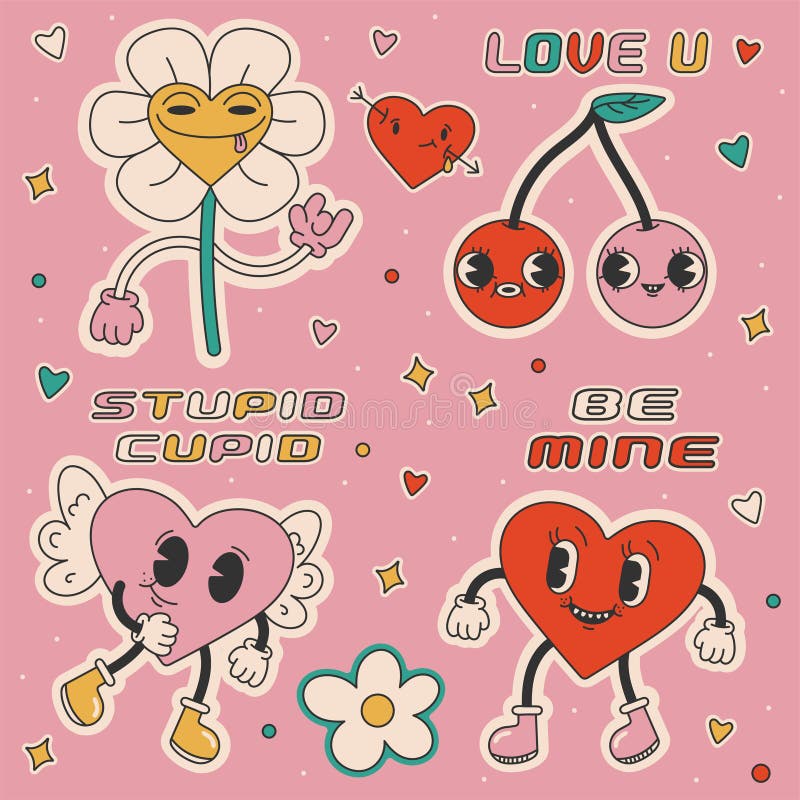 Y2K love sticker set.Retro cartoon Valentines day elements.heart character in retro 60s 70s style.Vector illustration