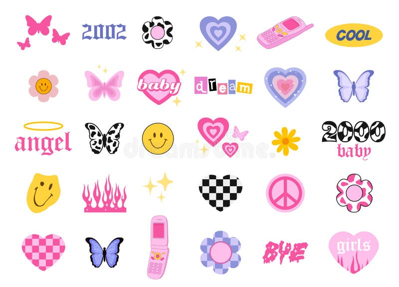 Aesthetic Y2k style. Star, bling, starburst, sparkle icons. Retro