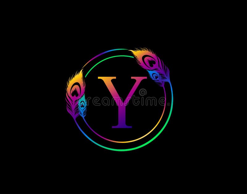 Y Letter Decorated With Exotic Peacock Feather. Circle Badge With Peacock Feather stock illustration