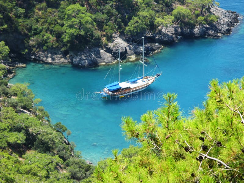 Yacht in aegean sea bay landscape