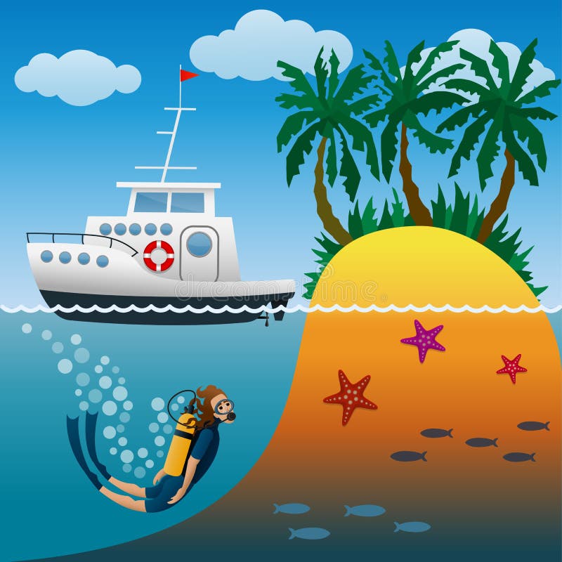 Yacht bianco di crociera nell'incursione vicino all'isola tropicale con le palme Subaqueo sotto acqua Tuffarsi il mare aperto illustrazione di stock Yacht bianco di crociera nell'incursione vicino all'isola tropicale con le palme Subaqueo sotto acqua Tuffarsi il mare aperto illustrazione di stock