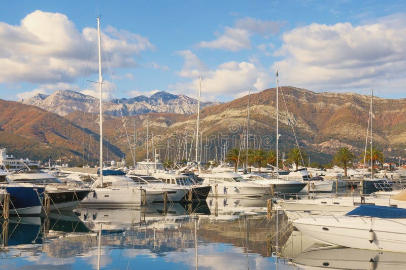 Yacht marina Porto Montenegro on sunny autumn day.  Montenegro, Tivat city