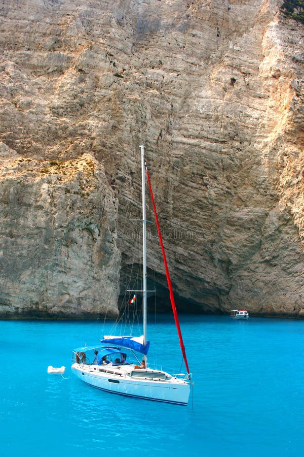 Yacht by Navagio Beach in Zakynthos Stock Image Image of green