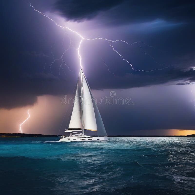 Yacht Sailing in a Storm with Lightning and Stock Illustration