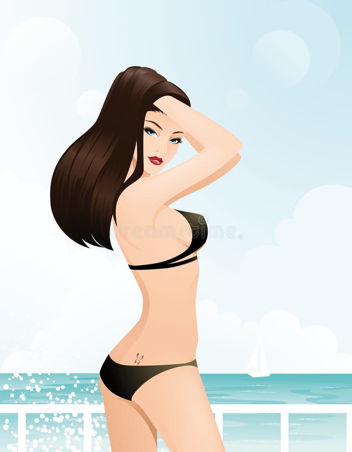 Beautiful brunette in black bikini posing on the yacht royalty free illustr...