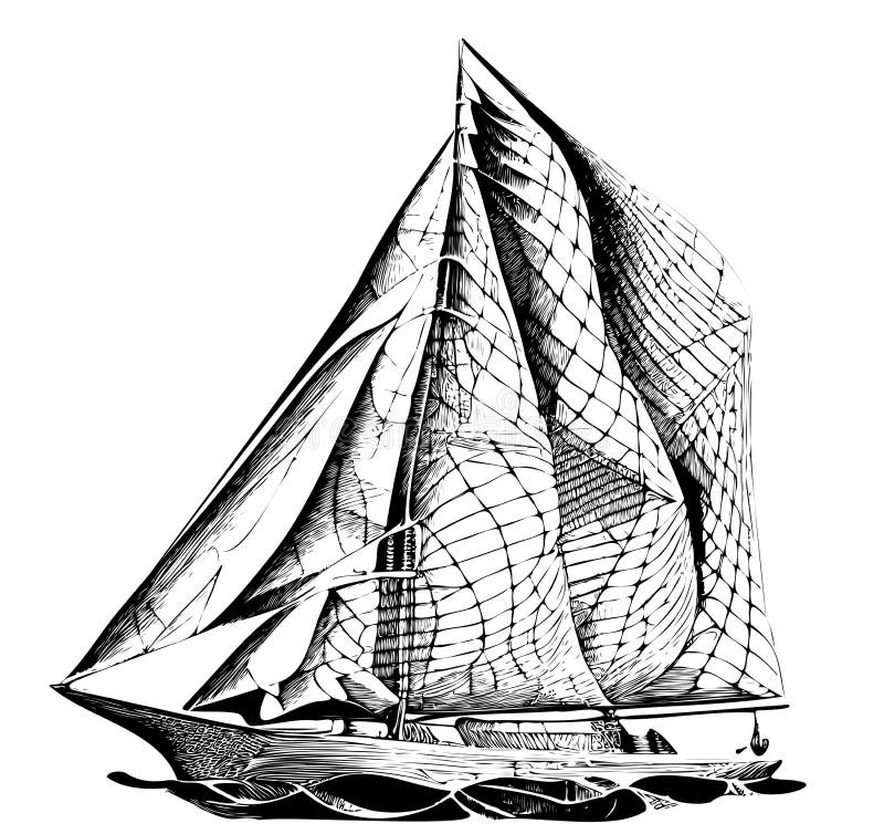 Yacht on the waves in strokes hand drawn. royalty free illustration