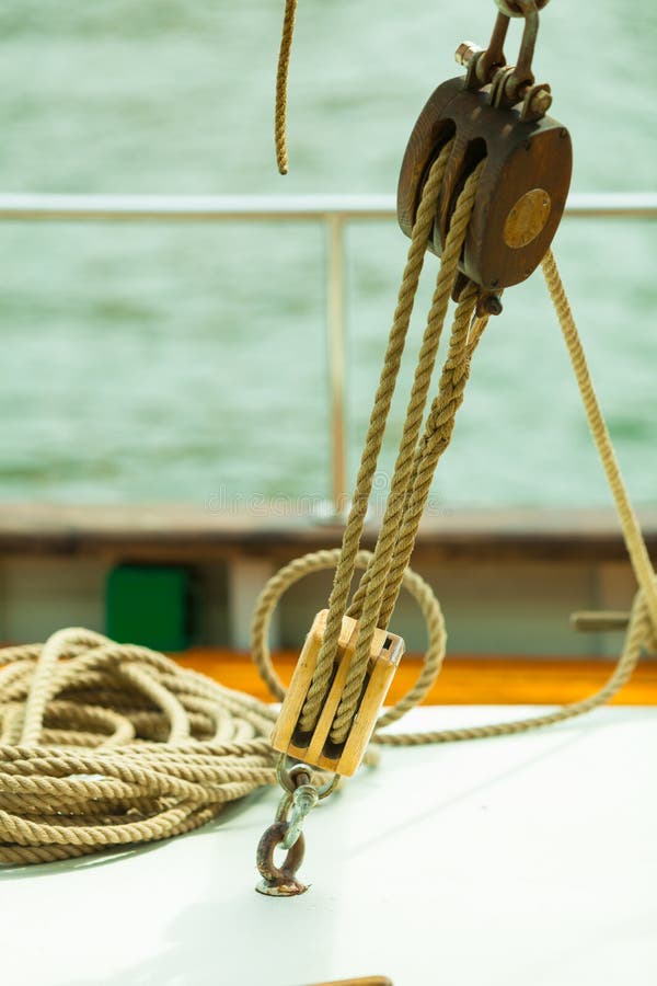 Yachting. Block with rope. Detail of a sailing boat