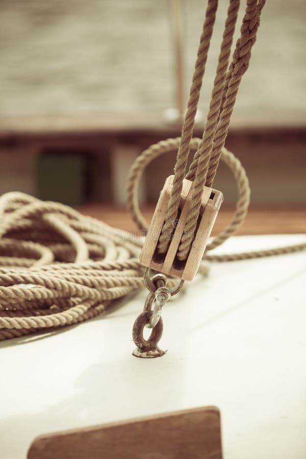 Yachting. Block with rope. Detail of a sailing boat