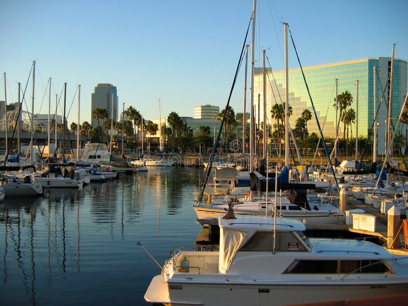 Yachts, Sailboats and Speedboats docked by Shoreline Village, Rainbow Harbor, Long Beach, California royalty free stock images Yachts, Sailboats and Speedboats docked by Shoreline Village, Rainbow Harbor, Long Beach, California royalty free stock images