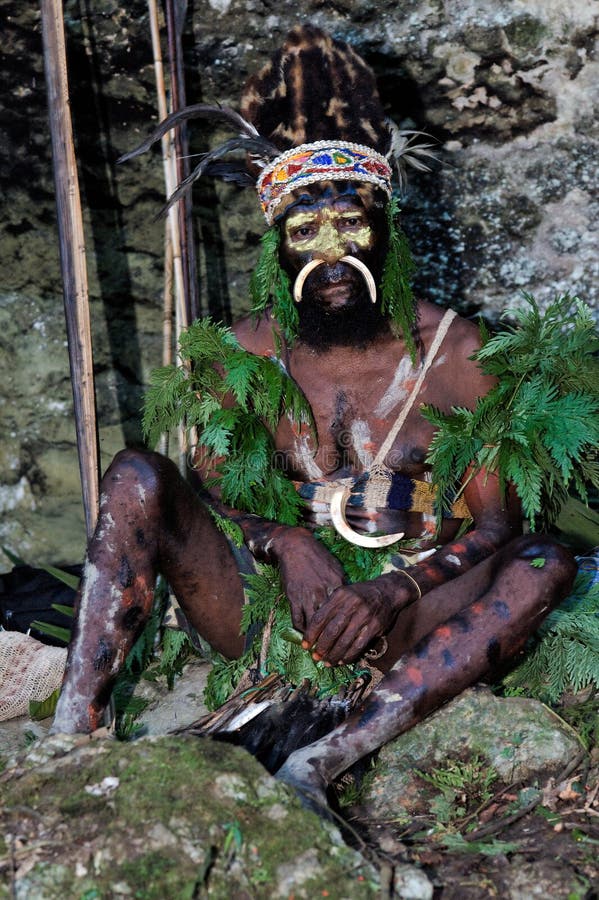 NEW GUINEA, INDONESIA - 2 FEBRUARY: The warrior of a Papuan tribe of Yafi in traditional clothes, ornaments and coloring. New Guinea Island, Indonesia. February 2, 2009. NEW GUINEA, INDONESIA - 2 FEBRUARY: The warrior of a Papuan tribe of Yafi in traditional clothes, ornaments and coloring. New Guinea Island, Indonesia. February 2, 2009.