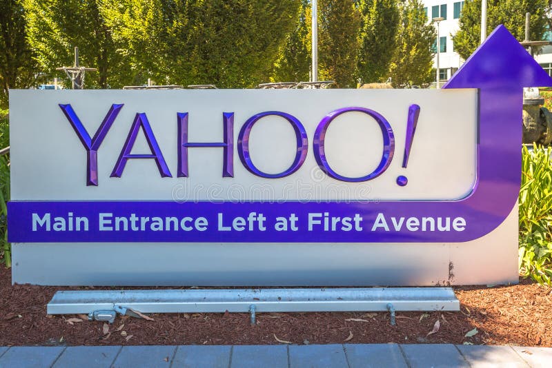 Sunnyvale, California, United States - August 15, 2016: close up of Yahoo Main Entrace Left and First Avenue at Yahoo Headquarters located in Sunnyvale. Yahoo is a multinational technology company. Sunnyvale, California, United States - August 15, 2016: close up of Yahoo Main Entrace Left and First Avenue at Yahoo Headquarters located in Sunnyvale. Yahoo is a multinational technology company.