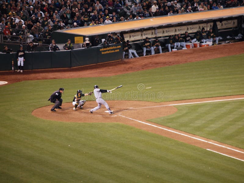 Yankees 6 vs A's 2: Yankees Mark Teixeira makes contact with a pitch sending it back in the other direction. Taken July 7 2010 at the Coliseum in Oakland California