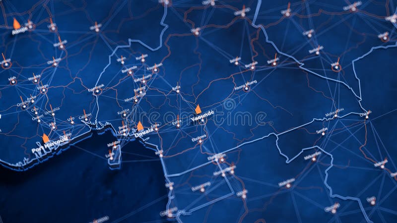 Yaounde map big data visualization. Futuristic map infographic of city in Cameroon. Visual map data complexity in modern blue and orange colors. Cameroon road map stock images, royalty-free photos and pictures