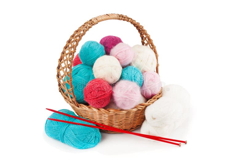Knitting Yarn Balls And Needles In Basket On A White Background Stock  Photo, Picture and Royalty Free Image. Image 16977357.