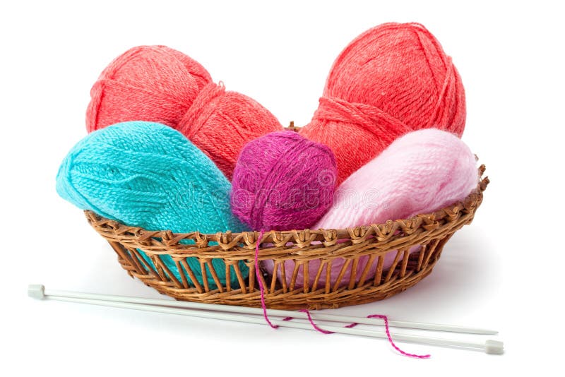 Knitting Yarn Balls And Needles In Basket On A White Background Stock  Photo, Picture and Royalty Free Image. Image 16977357.