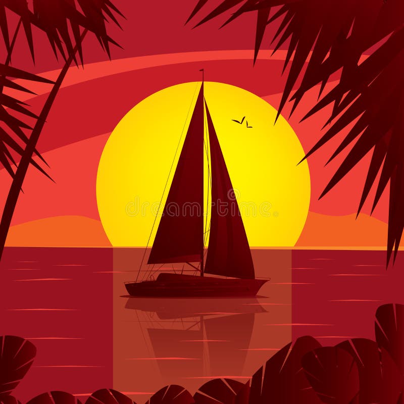 Side view silhouette of a sailing boat at sunset, which floating on the high seas. In water reflection yacht and the sun behind the ship - Leisure or Sea lover concept. Side view silhouette of a sailing boat at sunset, which floating on the high seas. In water reflection yacht and the sun behind the ship - Leisure or Sea lover concept