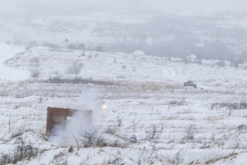 Yavoriv, Ukraine - January 28, 2022. Military training ground. Ukrainian military during shooting with anti-tank NLAW &#x28;MBT LAW. Yavoriv, Ukraine - January 28, 2022. Military training ground. Ukrainian military during shooting with anti-tank NLAW &#x28;MBT LAW