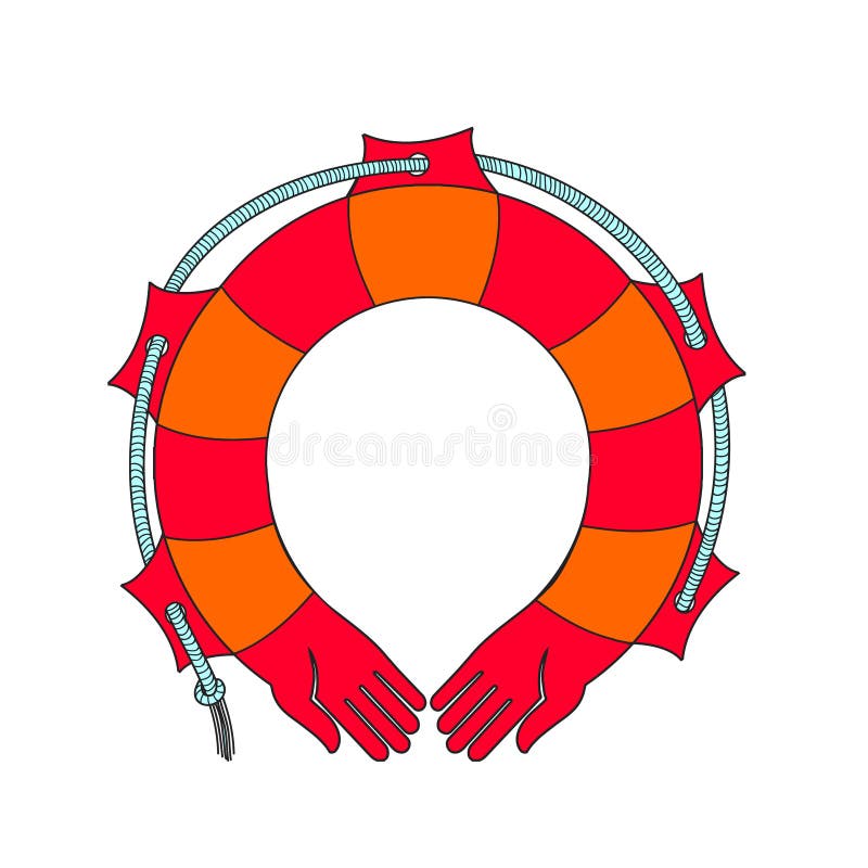 Red life buoy. Vector. Rescue on the water. The human hand in the form of a rescue. Metaphor for protection, peace and prosperity. Can be used as the logo of the insurance company. Red life buoy. Vector. Rescue on the water. The human hand in the form of a rescue. Metaphor for protection, peace and prosperity. Can be used as the logo of the insurance company.