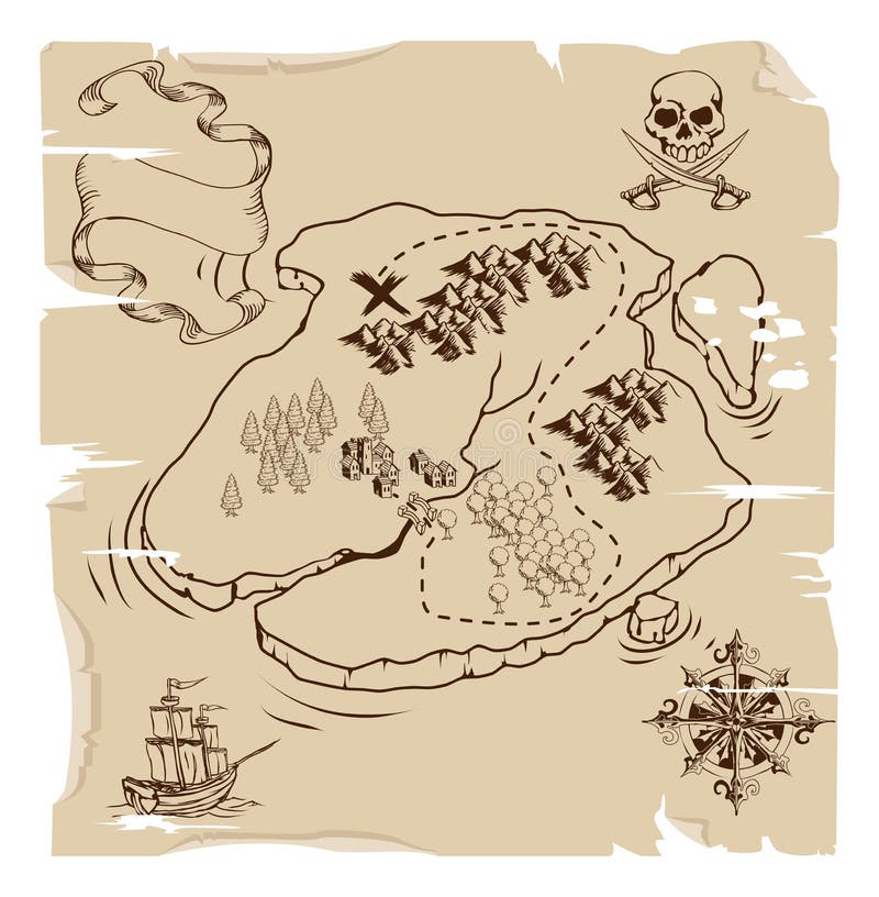 Illustrazione di un vecchio stile isola dei pirati treasue mappa.