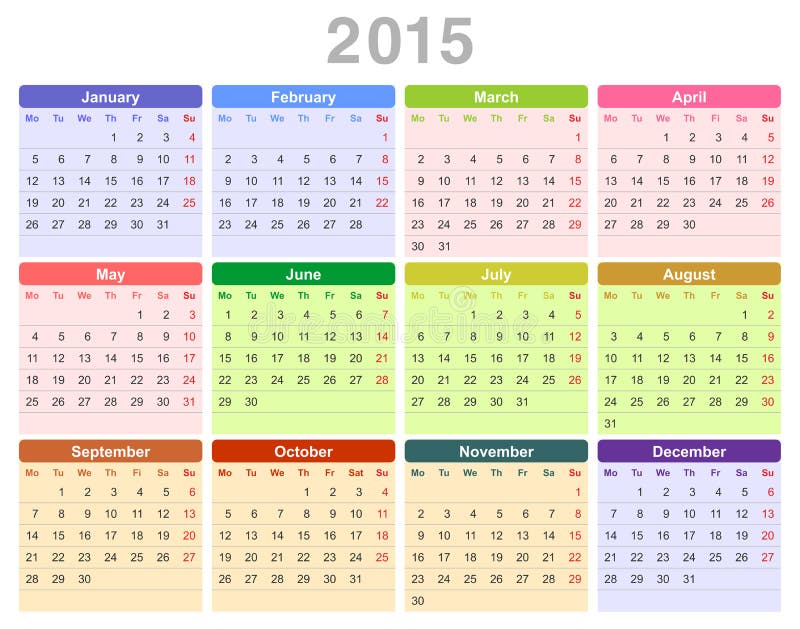 2015 Year Annual Calendar (Monday First, English) Stock Vector