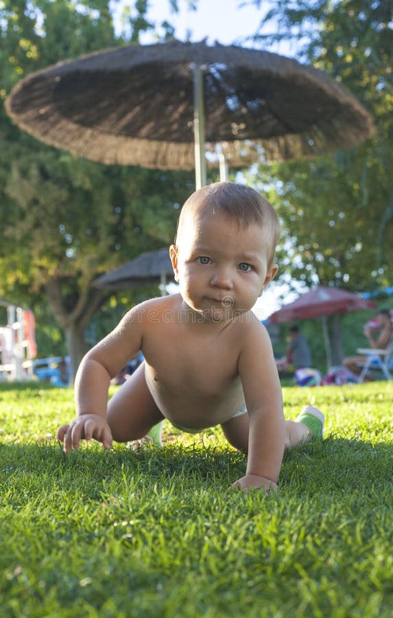 1 Year Baby Boy Crawling in the Grass of Swimming Pool Stock Image