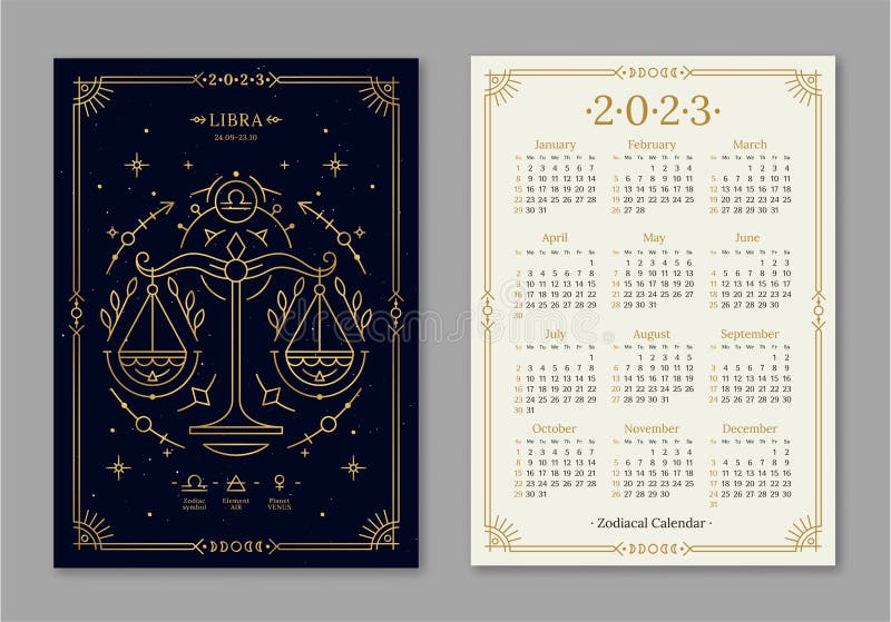 Year 2023 Calendar Template with Libra Golden Zodiac Symbol Stock ...