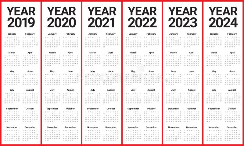 Year 2019 2020 2021 2022 2023 2024 Calendar Vector Design Templa Stock