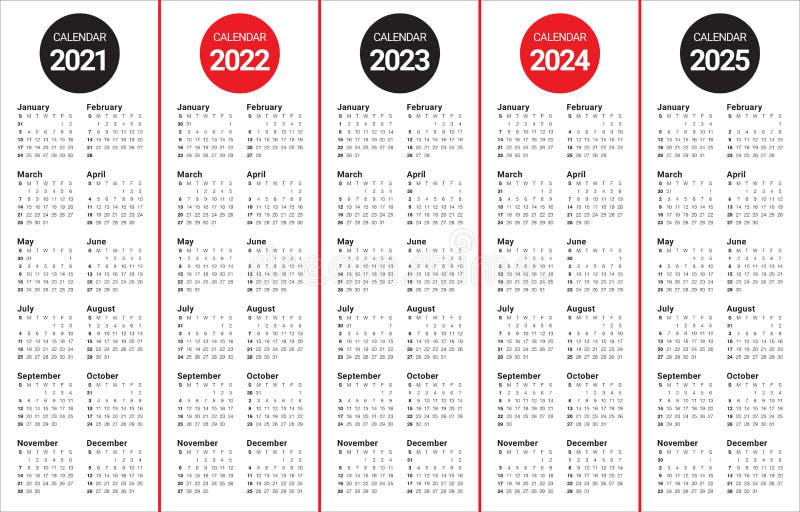 Year 2021 2022 2023 2024 2025 Calendar Vector Design Template Stock