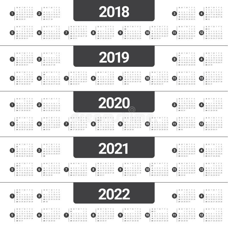 Year 2018 2019 2020 2021 2022 Calendar Vector Stock Vector