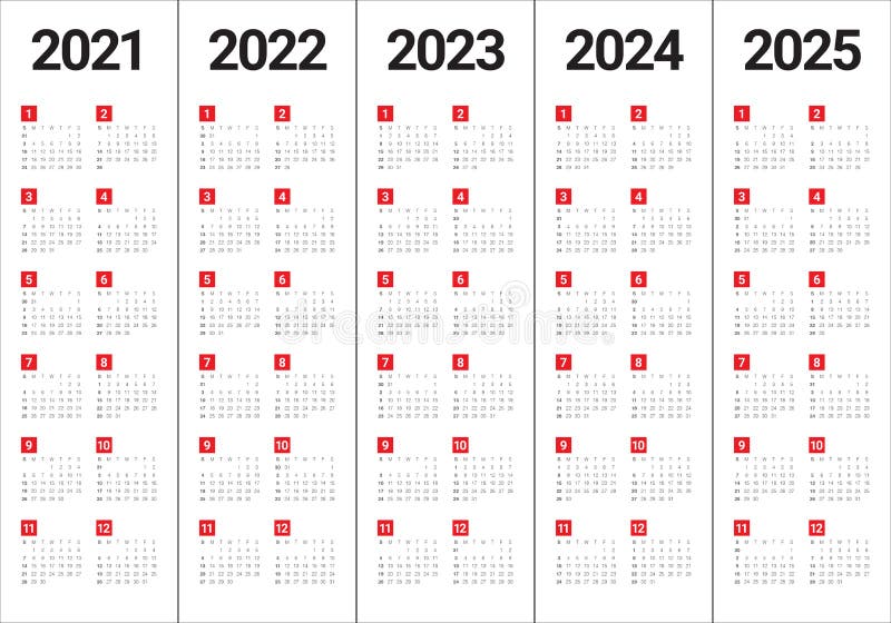 Year 2021 2022 2023 2024 2025 Calendar Vector Design Template Stock