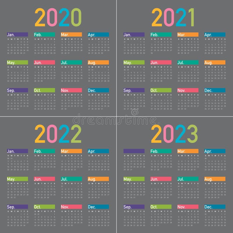 Year 2020 2021 2022 2023 2024 Calendar Vector Design Template Stock