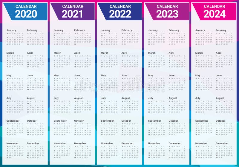 Year 2020 2021 2022 2023 2024 Calendar Vector Design Template Stock