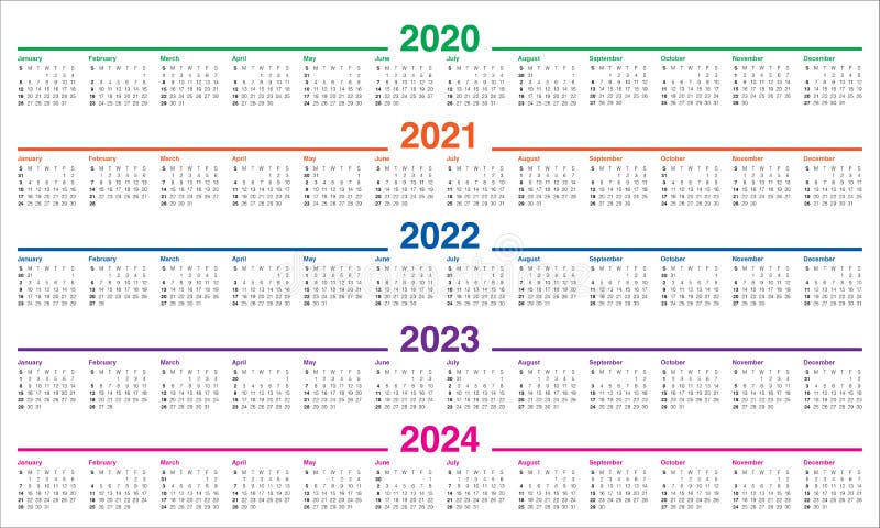 Calendar Set In Basic Design For 2020, 2021, 2022, 2023, 2024, 2025, 2026, 2027, 2028, 2029 ...