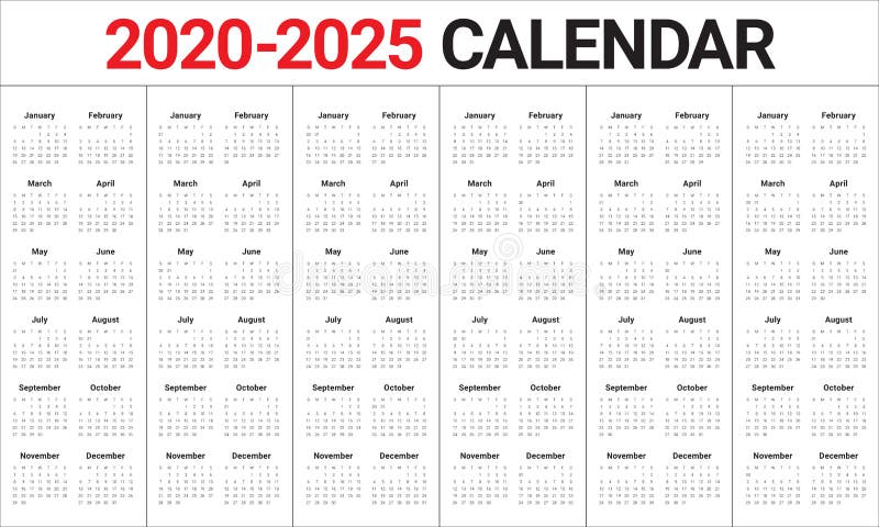 Year 2020 2021 2022 2023 2024 2025 Calendar Vector Design Template Stock Vector - Illustration ...