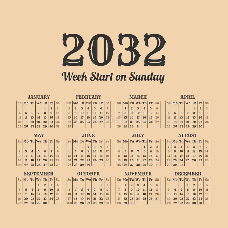 2032 year vintage calendar weeks start on sunday Vector Image