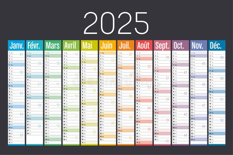 Colorful 2025 French Wall Calendar Stock Vector - Illustration of