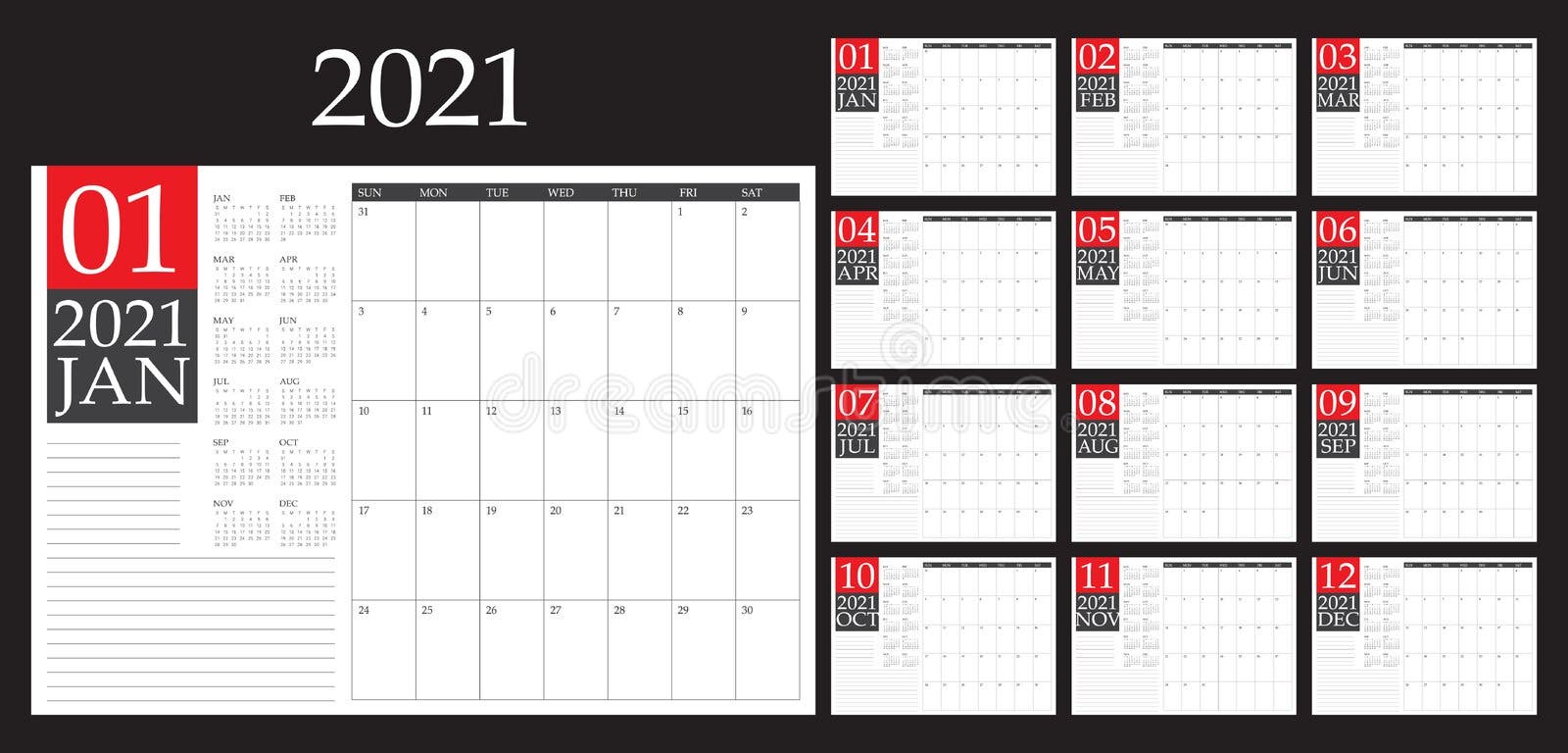 Year 2021 Calendar Vector Design Template Stock Vector Illustration