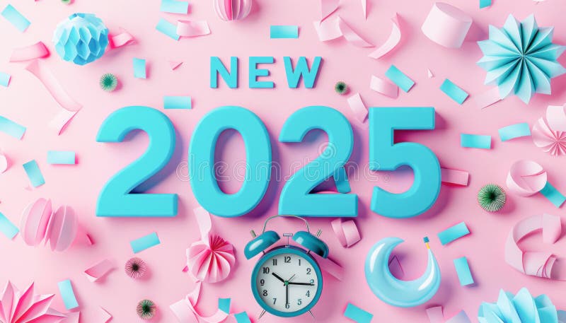 The year 2025 is displayed in blue on a pink background, surrounded by flowers and confetti royalty free stock photos