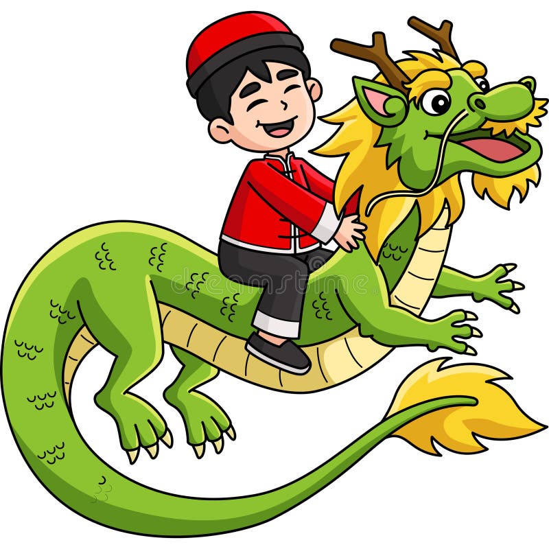 Year of the Dragon Boy Riding a Dragon Clipart Stock Illustration