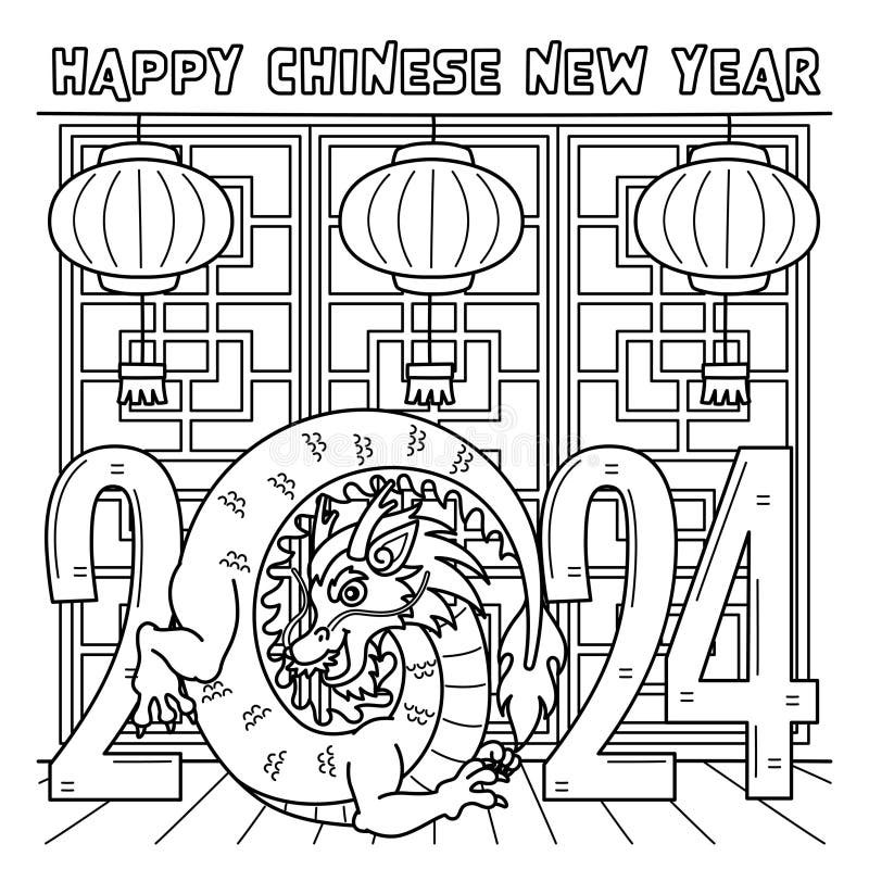 2024 Year of the Dragon Coloring Page for Kids Stock Illustration