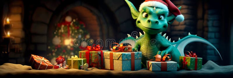 2024 is the year of the Green Wood Dragon Green dragon with Christmas presents. Generative AI