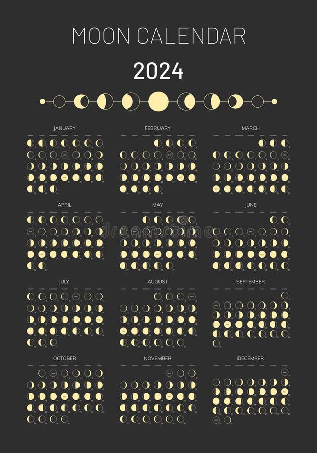 Moon Calendar for 2024 Year, Lunar Phases Schedule and Cycles Stock