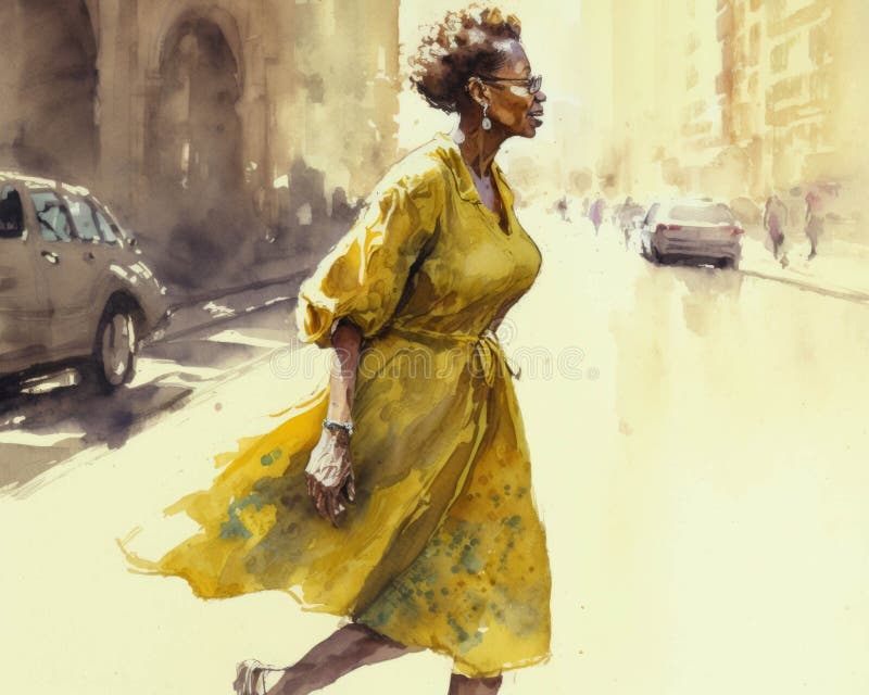 A 50 year old African American woman wearing a bright yellow dress confidently striding through a city street her eyes vector illustration