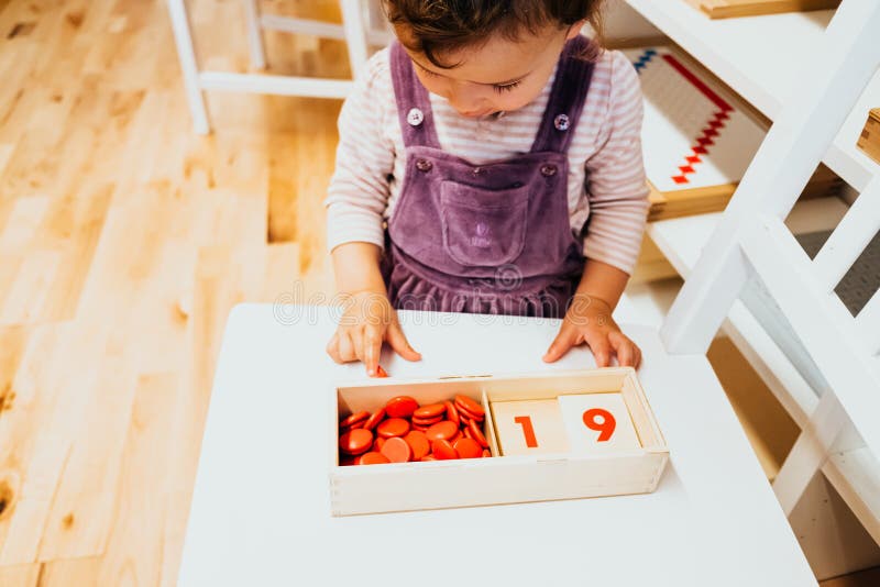 2-year-old girl places mathematical pieces in a Montessori school