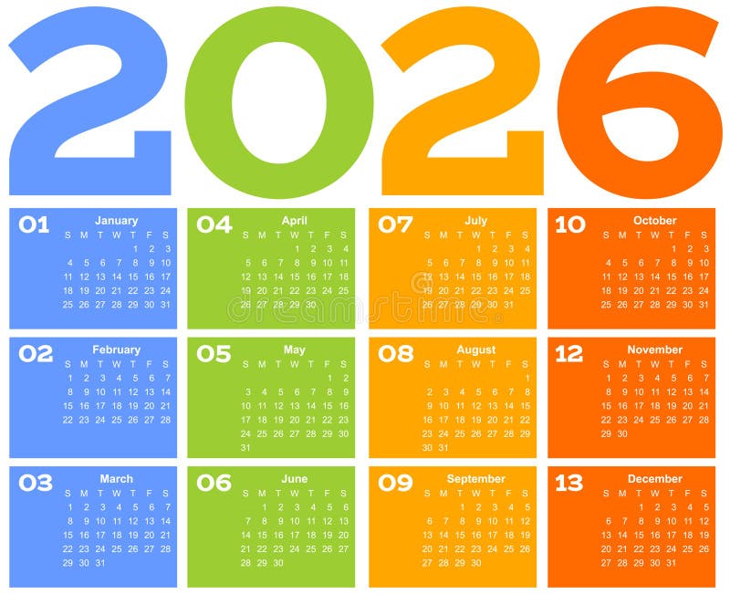 Year 2026 One Page Month Grid Calendar, Multi Colored On White Background. Vector Template 
