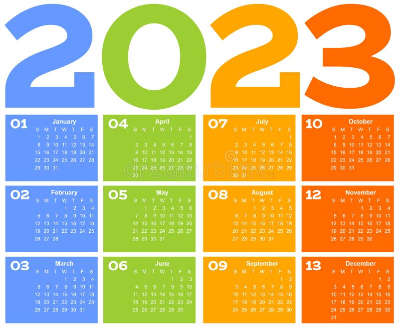 Year 2023 One Page Month Grid Calendar, Multi Colored on White
