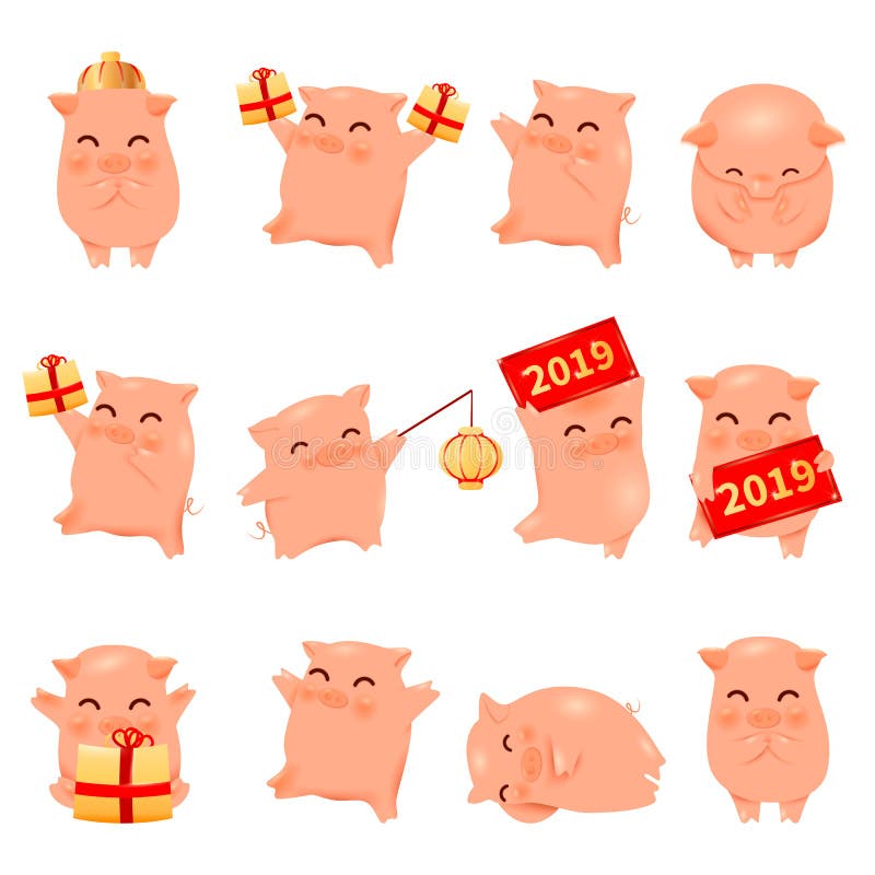 2019 Year of the Pig cartoon characters traditional oriental chinese zodiac pigs set.Chinese lanterns,happy funny asian mascot cha vector illustration 2019 Year of the Pig cartoon characters traditional oriental chinese zodiac pigs set.Chinese lanterns,happy funny asian mascot cha vector illustration