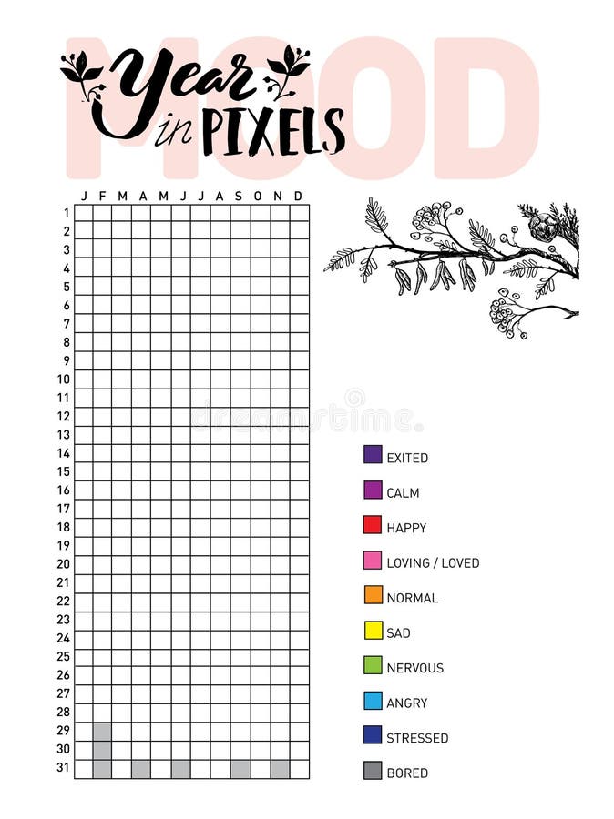 Year in pixels, your mood. Habit tracker blank with hand written cute numbers and lettering. Bullet journal template